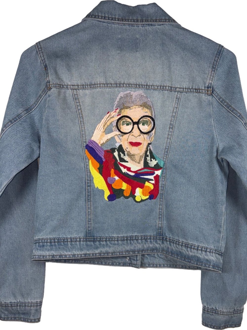 Denim Jacket Medium Wash with Embroidered Icon Iris Apfel